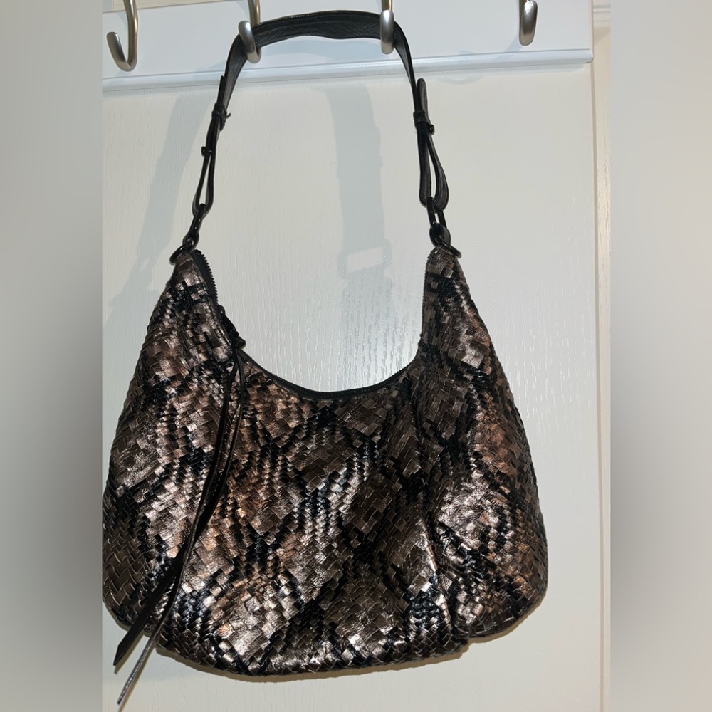 Elliott Lucca Black Leather Woven Metallic Hobo Bag
